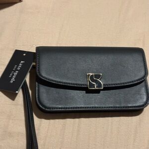 kate spade Black Leather Wristlet with Gold Logo Clasp